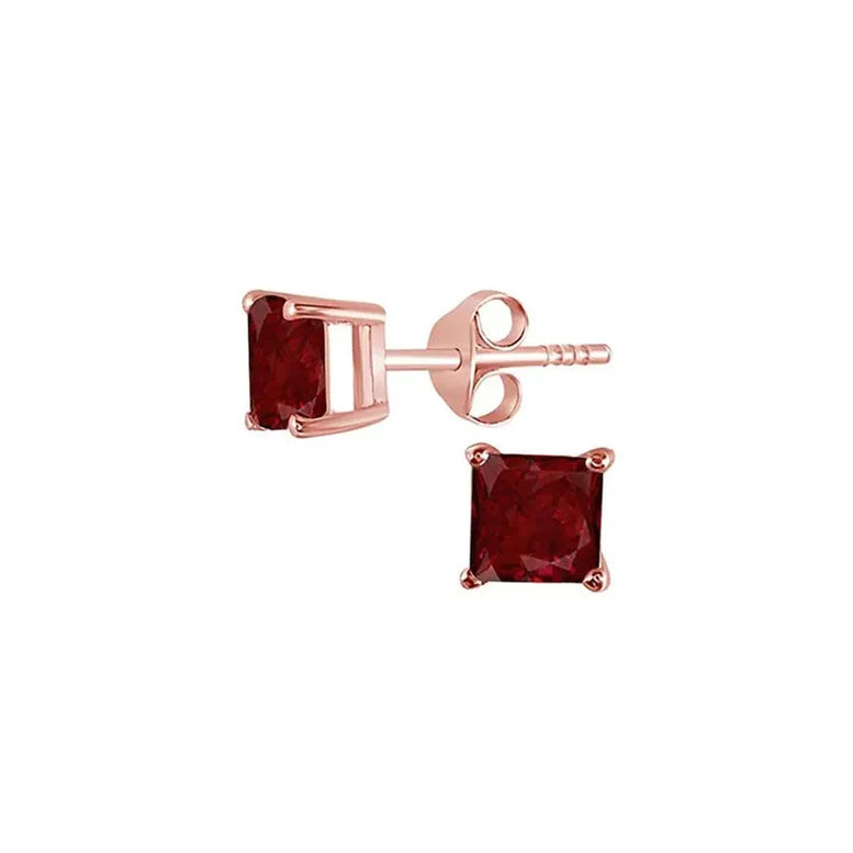18k Rose Gold 1/2 Ct Ruby Princess Cut Stud Earrings 6mm Plated