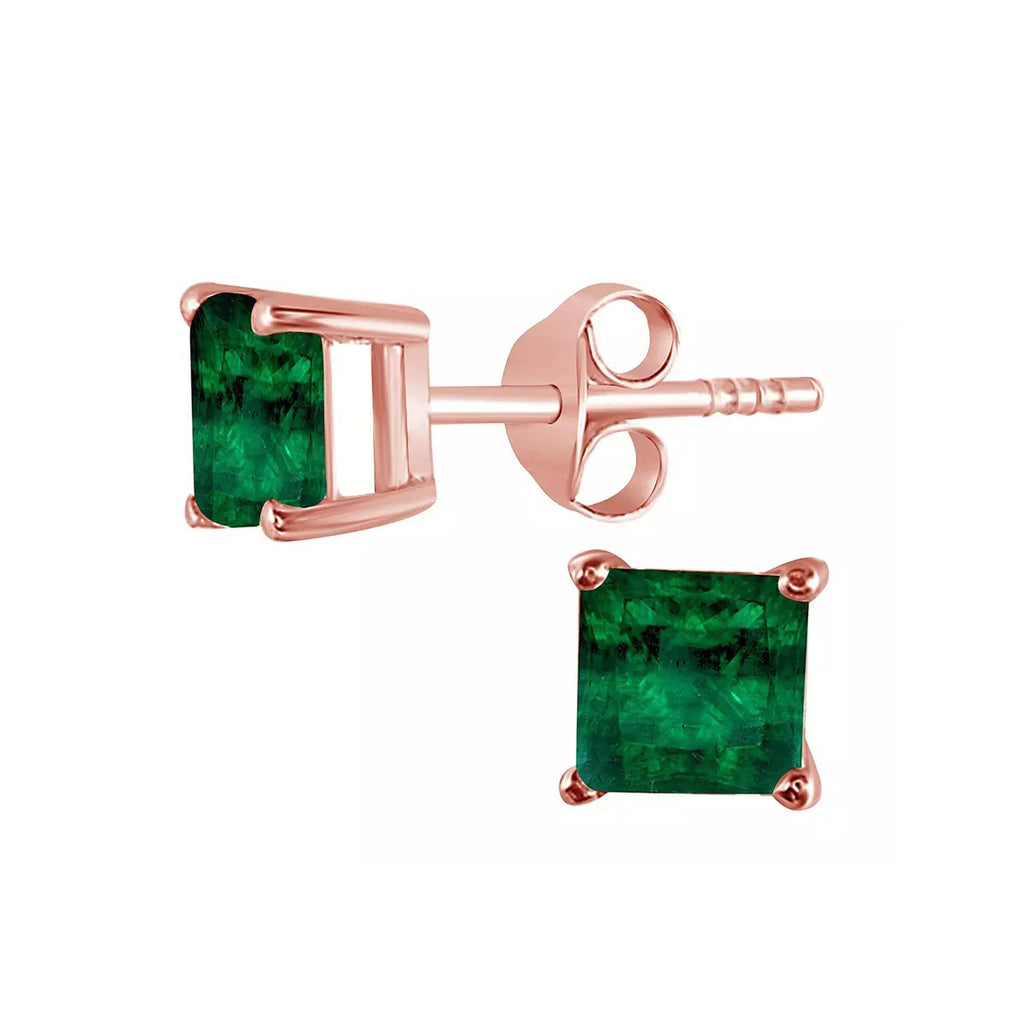 10k Rose Gold Plated 4 Carat Princess Cut Created Emrald Stud Earrings