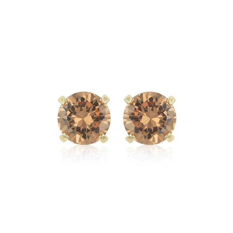 14k Yellow Gold Created Champagne Round Stud Earrings 3mm