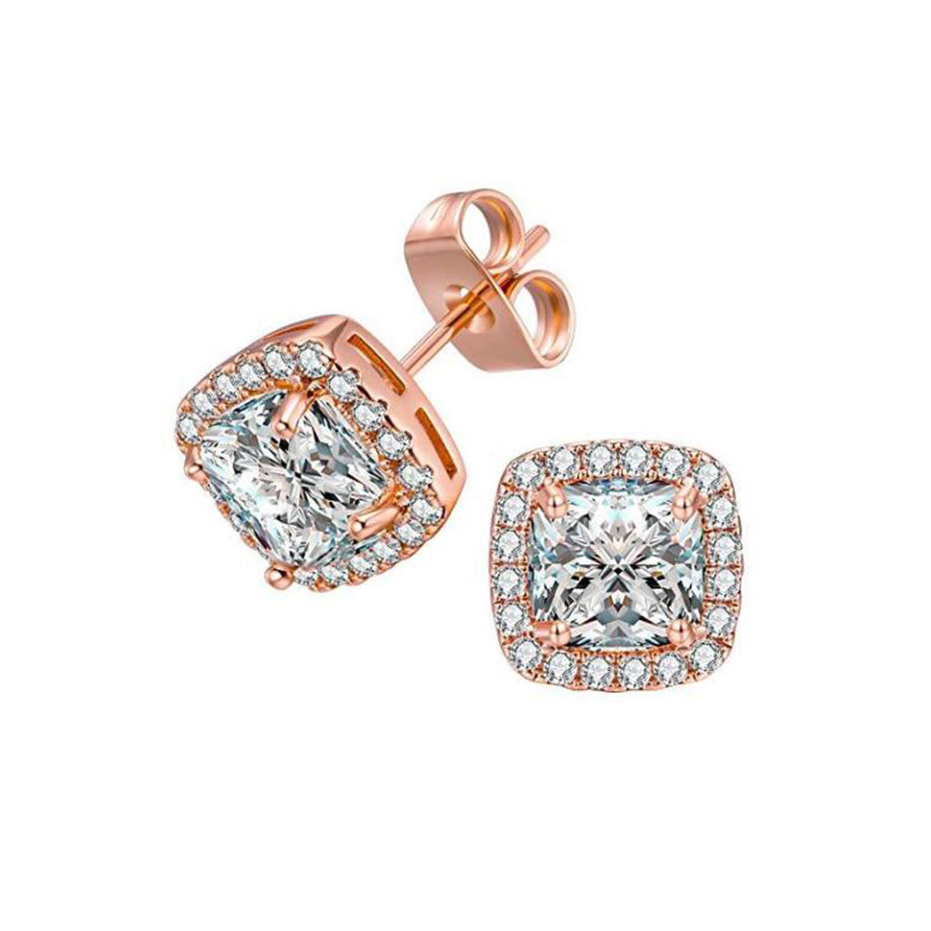 10k Rose Gold Plated 2 Carat Princess Cut Created Halo White Sapphire Stud Earrings