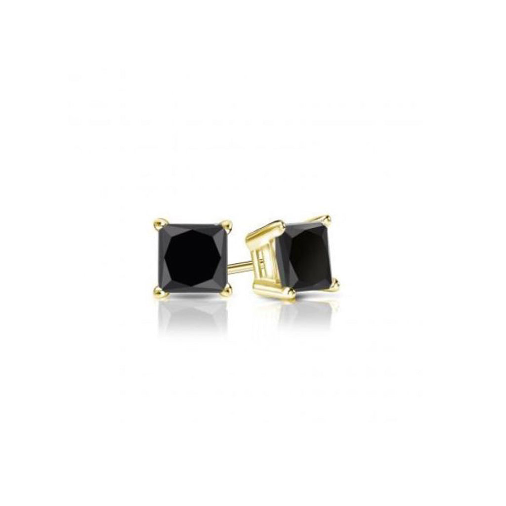 14k Yellow Gold Plated 1/2 Carat Princess Cut Created Black Sapphire Stud Earrings