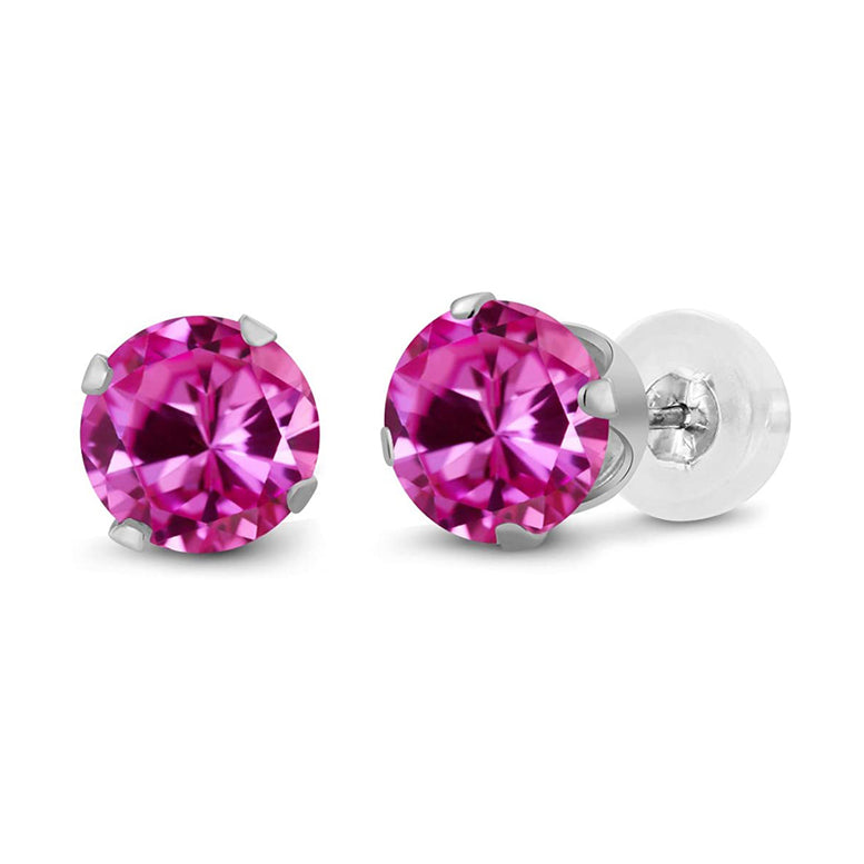 10k White Gold Plated 4 Carat Round Created Pink Sapphire Stud Earrings