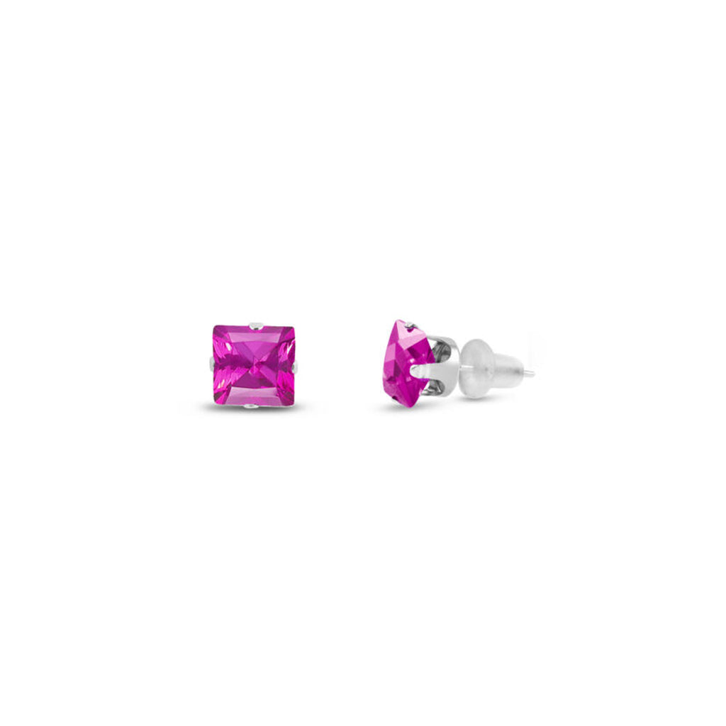 14k White Gold Plated 3 Carat Square Created Pink Sapphire Stud Earrings