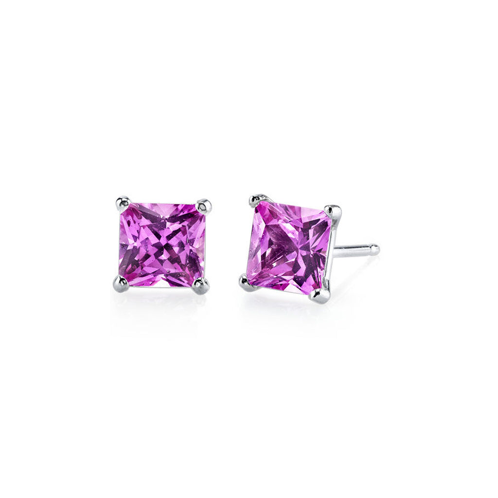 14k White Gold Plated  4 Carat Princess Cut Created Pink Sapphire Stud Earrings