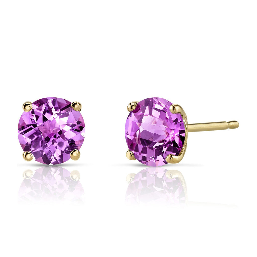 10k Yellow Gold Plated 4 Carat Round Created Pink Sapphire Stud Earrings
