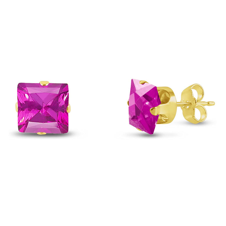 10k Yellow Gold Plated 1/2 Carat Square Created Pink Sapphire Stud Earrings
