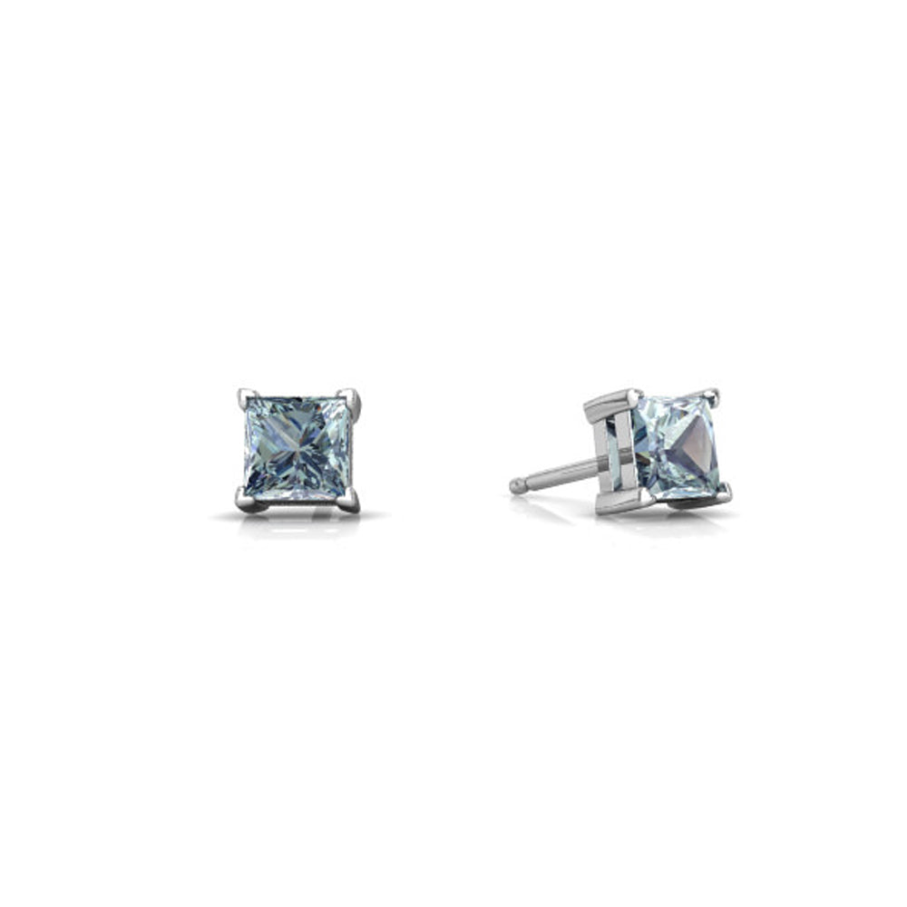 14k White Gold Plated 2 Carat Princess Cut Created Aquamarine Sapphire Stud Earrings