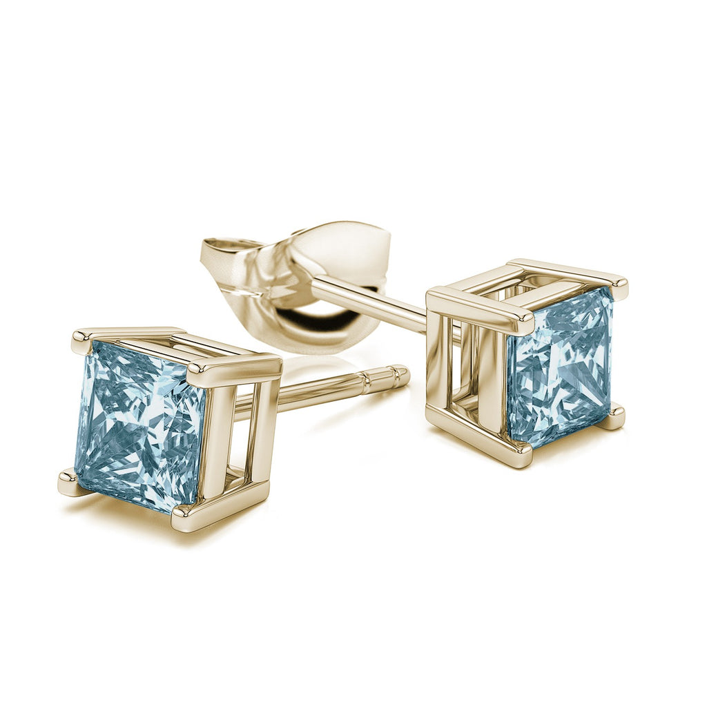 14k Yellow Gold Plated 4 Carat Princess Cut Created Aquamarine Sapphire Stud Earrings