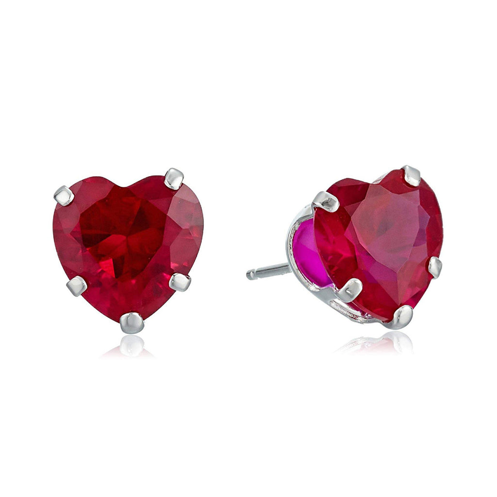 10k White Gold Plated 3 Carat Heart Created Ruby Stud Earrings