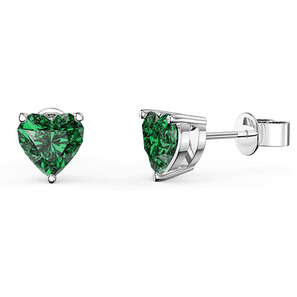 10k White Gold Plated 2 Carat Heart Created Emerald Stud Earrings