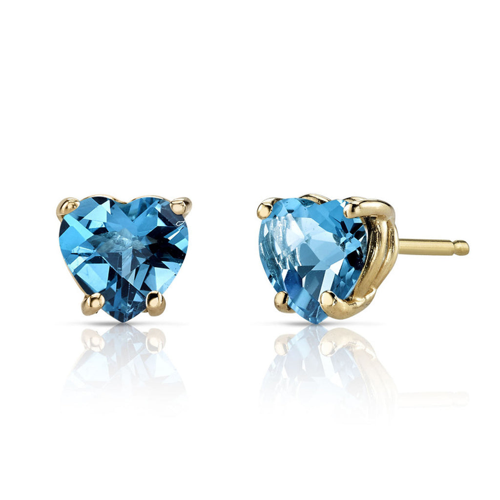 14k Yellow Gold Plated 4 Carat Heart Created Blue Topaz Sapphire Stud Earrings