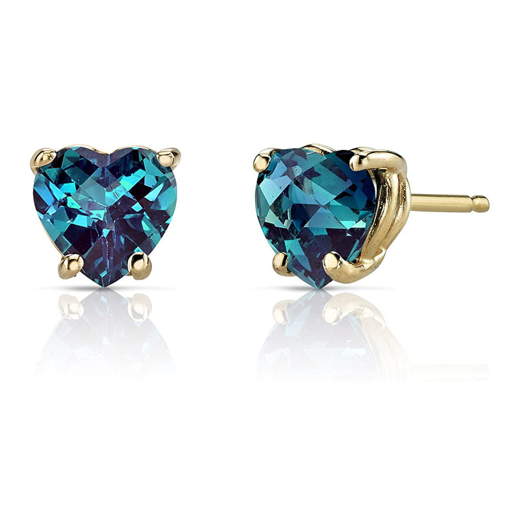 14k Yellow Gold Plated 2 Carat Heart Created Alexandrite Sapphire Stud Earrings