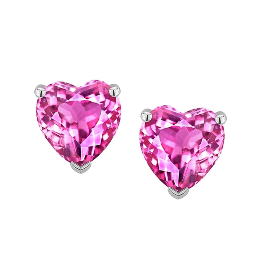 10k White Gold Plated 2 Carat Heart Created Pink Sapphire Stud Earrings