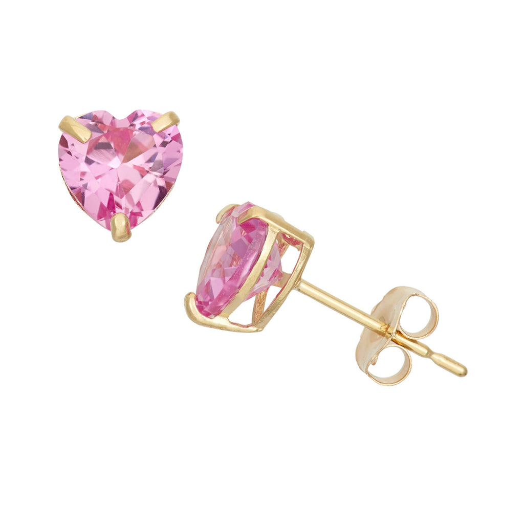 14k Yellow Gold Plated 4 Carat Heart Created Pink Sapphire Stud Earrings