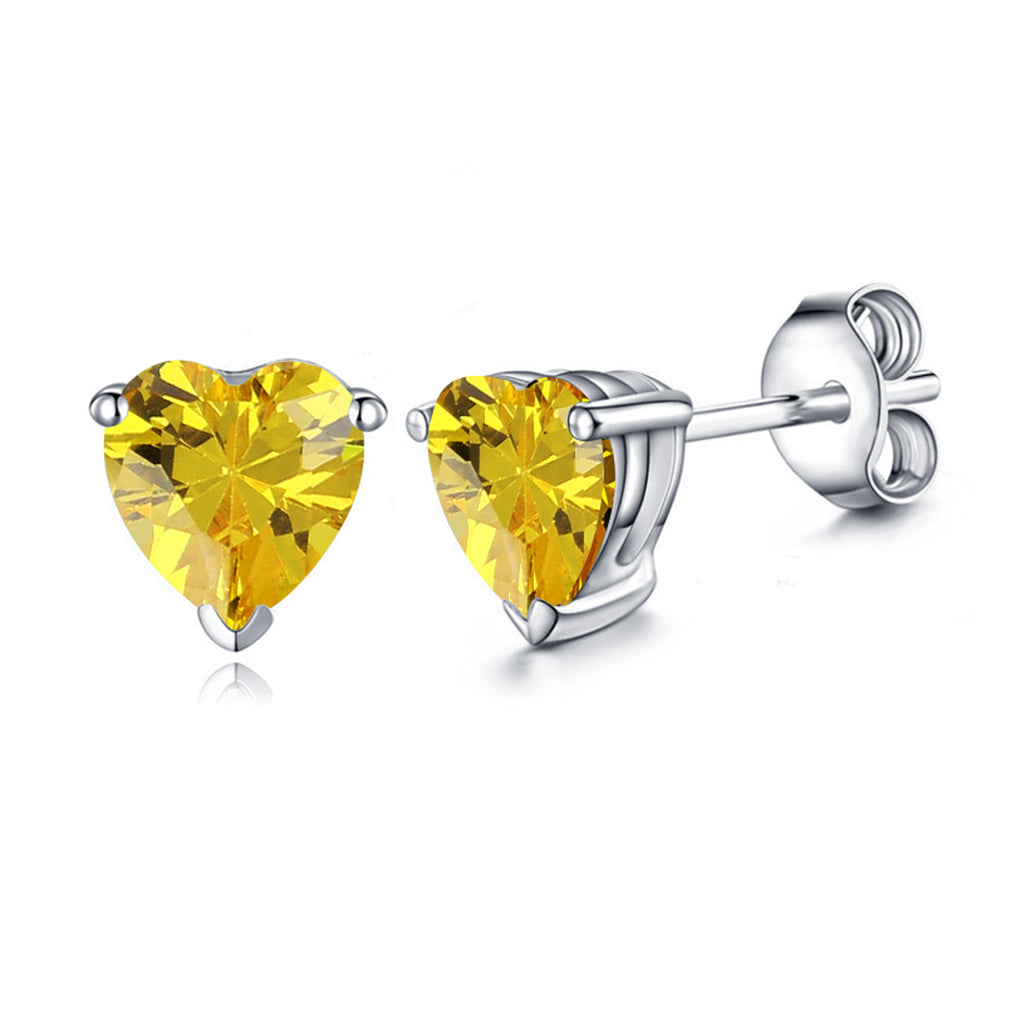 10k White Gold Plated 4 Carat Heart Created Yellow Sapphire Stud Earrings