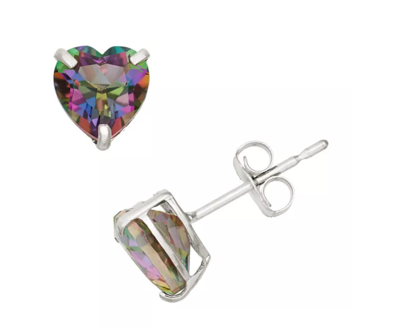 14k White Gold Plated 1 Carat Heart Created Mystic Topaz Stud Earrings