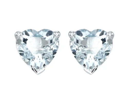 14k White Gold Plated 1/2 Carat Heart Created Aquamarine  Sapphire Stud Earrings
