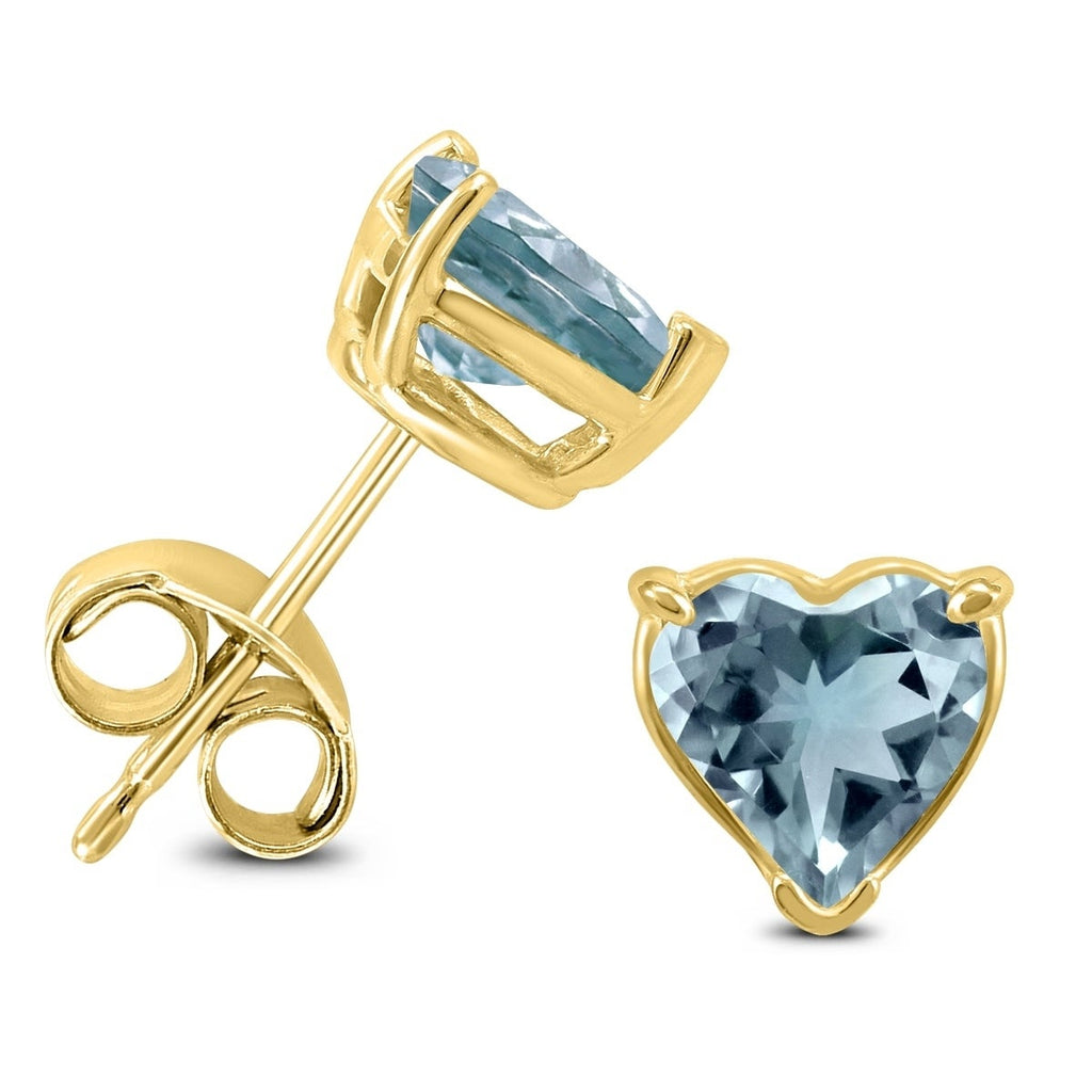 10k Yellow Gold Plated 3 Carat Heart Created Aquamarine Sapphire Stud Earrings