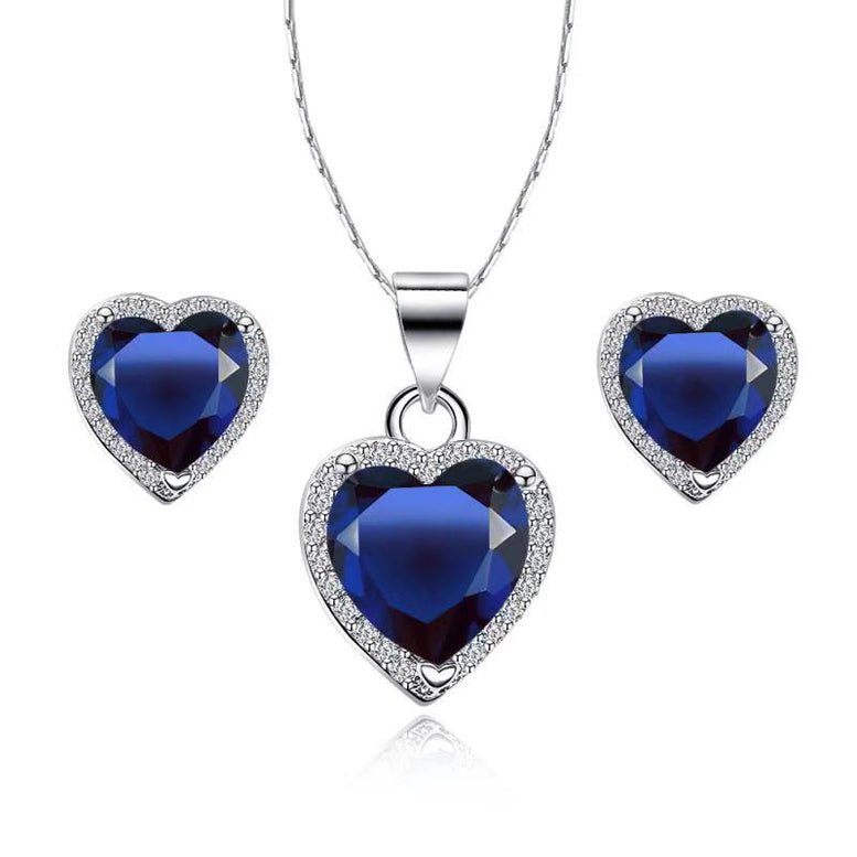 18k White Gold Plated Heart 1/2 Carat Created Blue Sapphire Full Set Necklace 18 inch