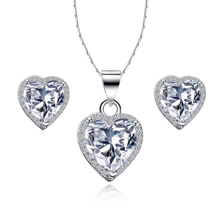 18k White Gold Plated Heart 1 Carat Created White Sapphire Full Set Necklace 18 inch