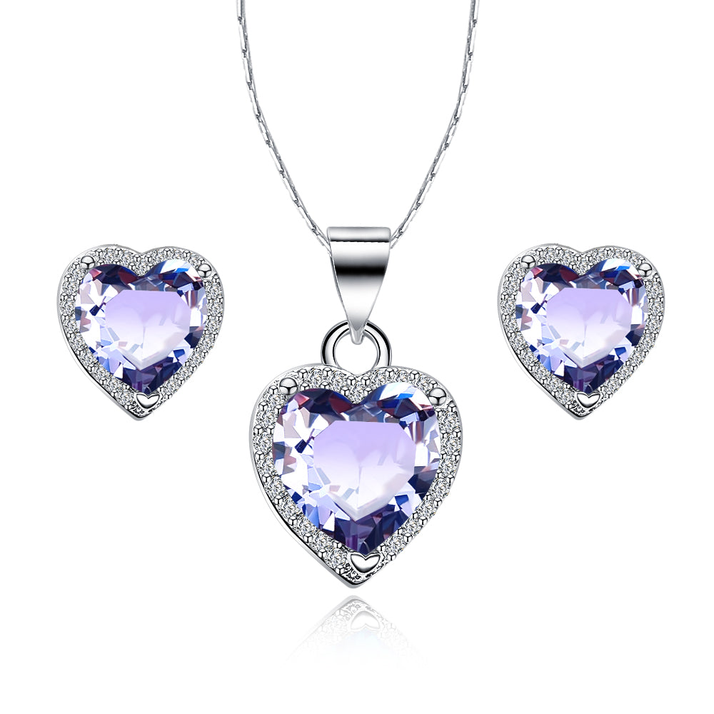 18k White Gold Plated Heart 2 Carat Created Amethyst Full Set Necklace 18 inch