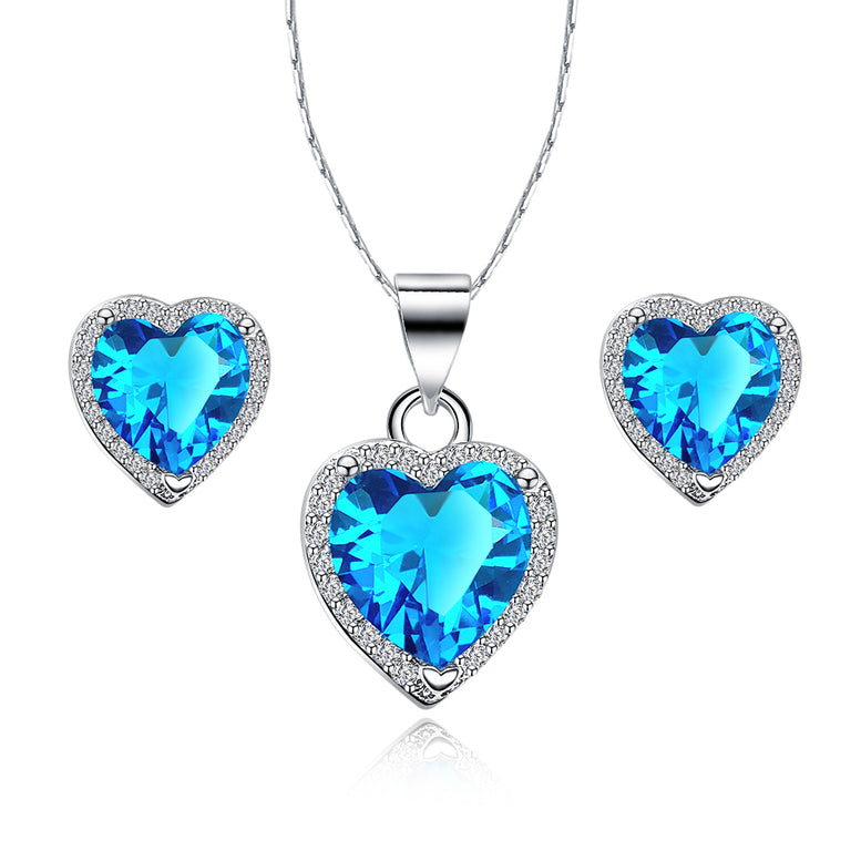 18k White Gold Plated Heart 1/2 Carat Created Aquamarine Full Set Necklace 18 inch