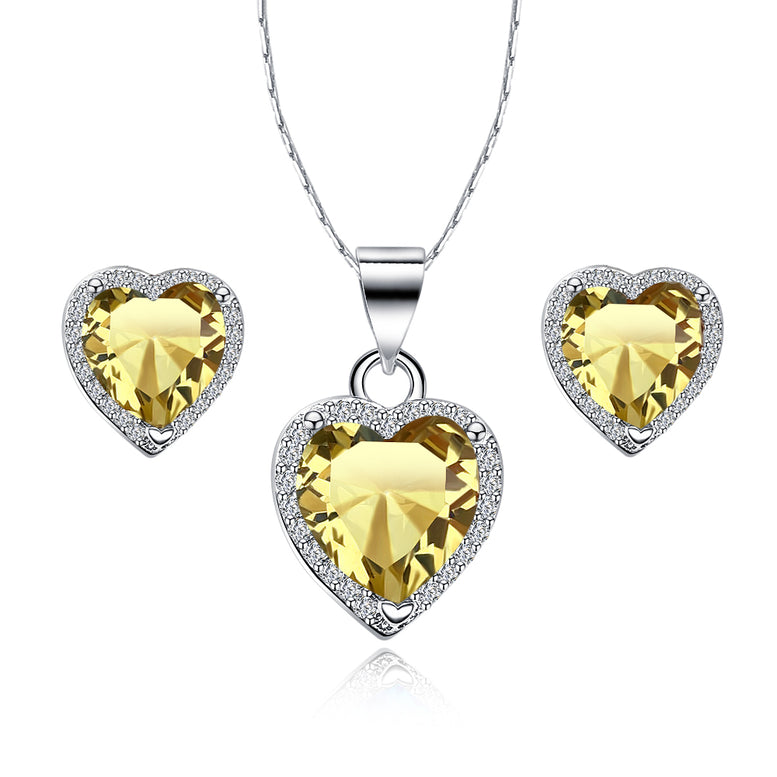 18k White Gold Plated Heart 1/2 Carat Created Citrine Full Set Necklace 18 inch
