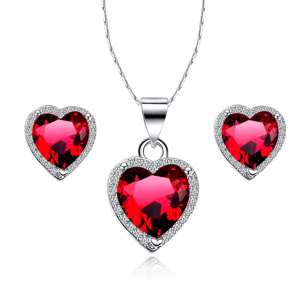 18k White Gold Plated Heart 2 Carat Created Garnet Full Set Necklace 18 inch