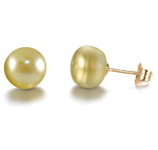 10K Yellow Gold Plated 10mm Yellow Pearl Button Stud Earrings