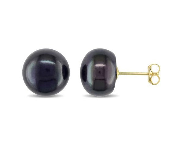 10K Yellow Gold Plated 10mm Black Pearl Button Stud Earrings