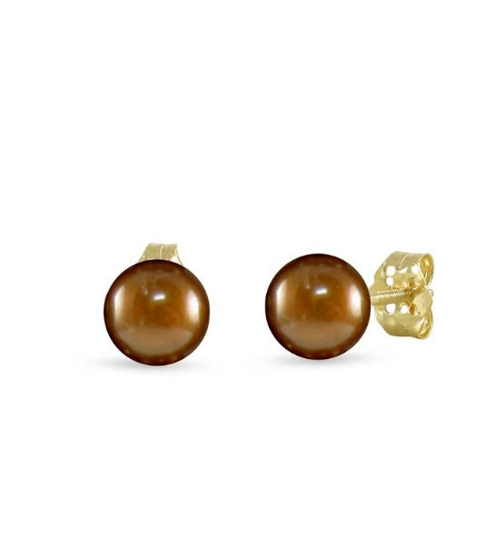 10K Yellow Gold Plated 10mm Chocolate Pearl Button Stud Earrings