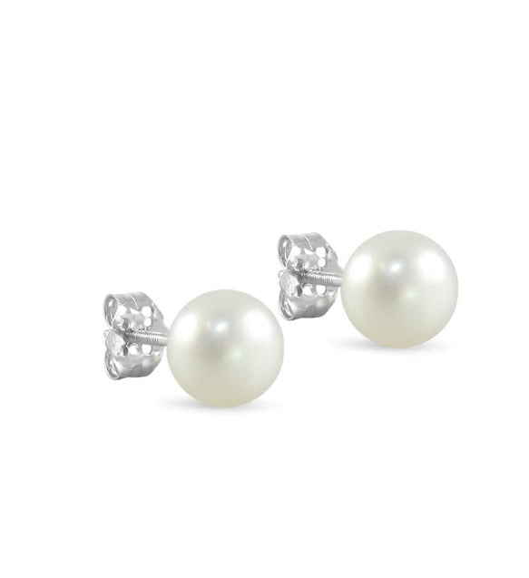 10K White Gold Plated 10mm White Pearl Button Stud Earrings
