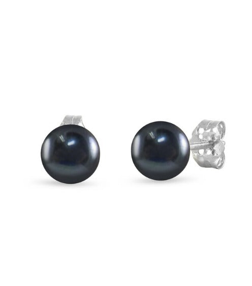 10K White Gold Plated 10mm Black Pearl Button Stud Earrings