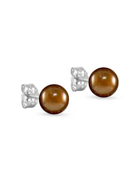 10K White Gold Plated 10mm Chocolate Pearl Button Stud Earrings
