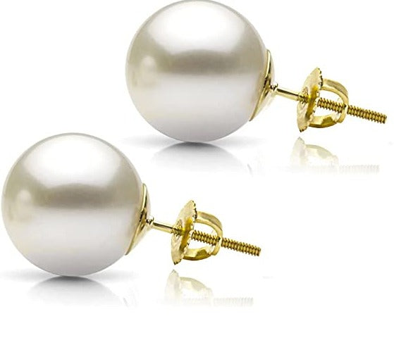 10K Yellow Gold Plated 10mm White Pearl Round Stud Earrings