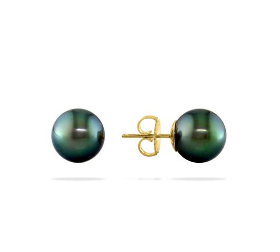 10K Yellow Gold Plated 10mm Black Pearl Round Stud Earrings
