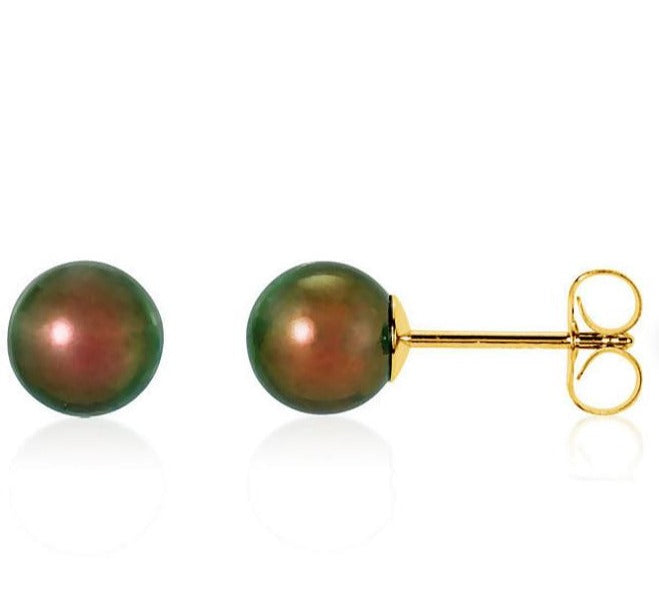 10K Yellow Gold Plated 10mm Chocolate Pearl Round Stud Earrings