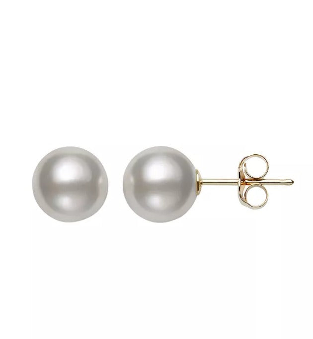 10K Yellow Gold Plated 10mm Silver Pearl Round Stud Earrings