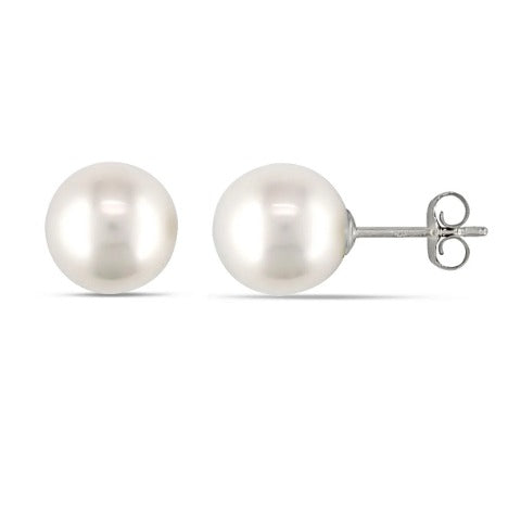 10K White Gold Plated 10mm White Pearl Round Stud Earrings
