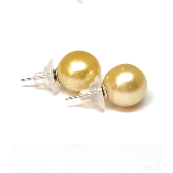 10K White Gold Plated 10mm Yellow Pearl Round Stud Earrings