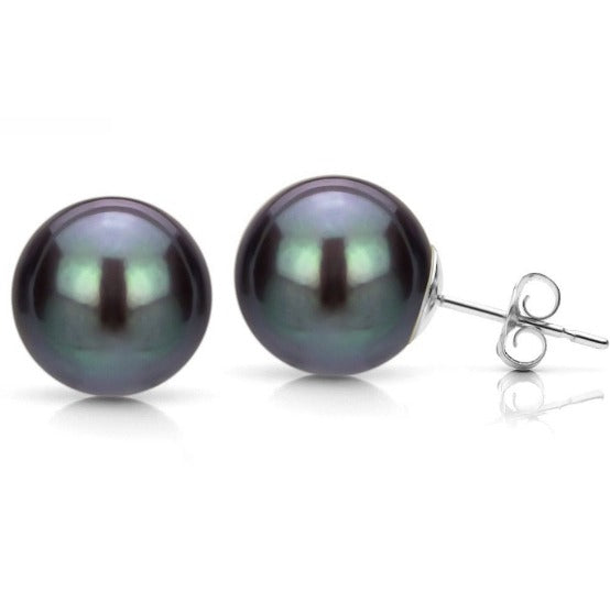 10K White Gold Plated 10mm Black Pearl Round Stud Earrings