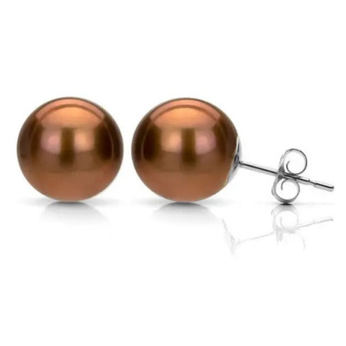 10K White Gold Plated 10mm Chocolate Pearl Round Stud Earrings