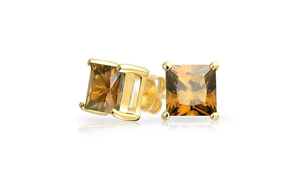 Yellow Gold Plated 7mm Princess Brown CZ Stud Earrings
