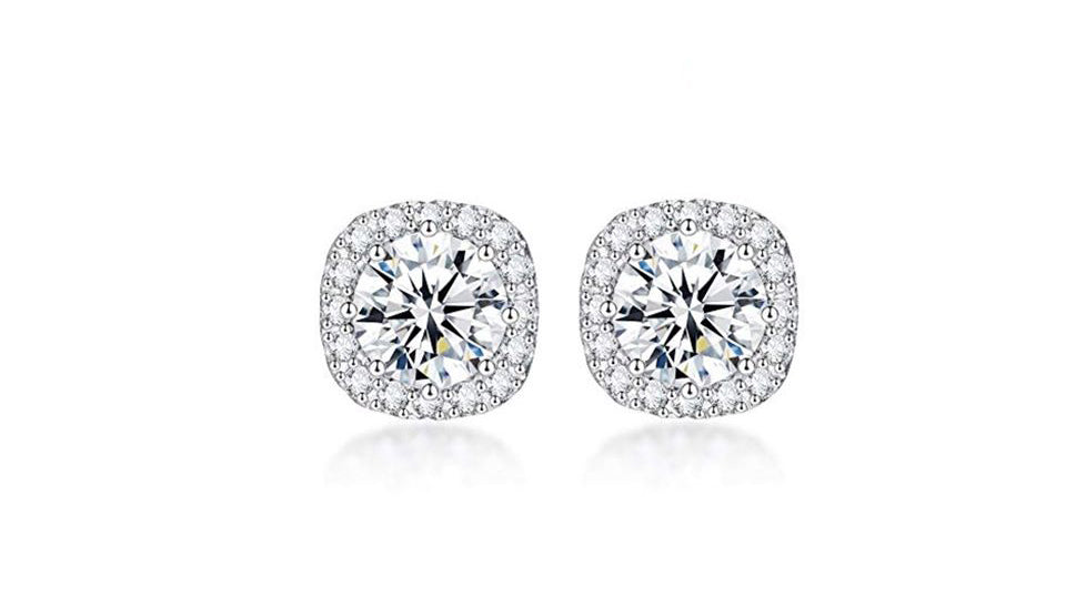 18K White Gold White Halo Created Sapphire Square 3ct CZ Cut Stud Earrings Plated