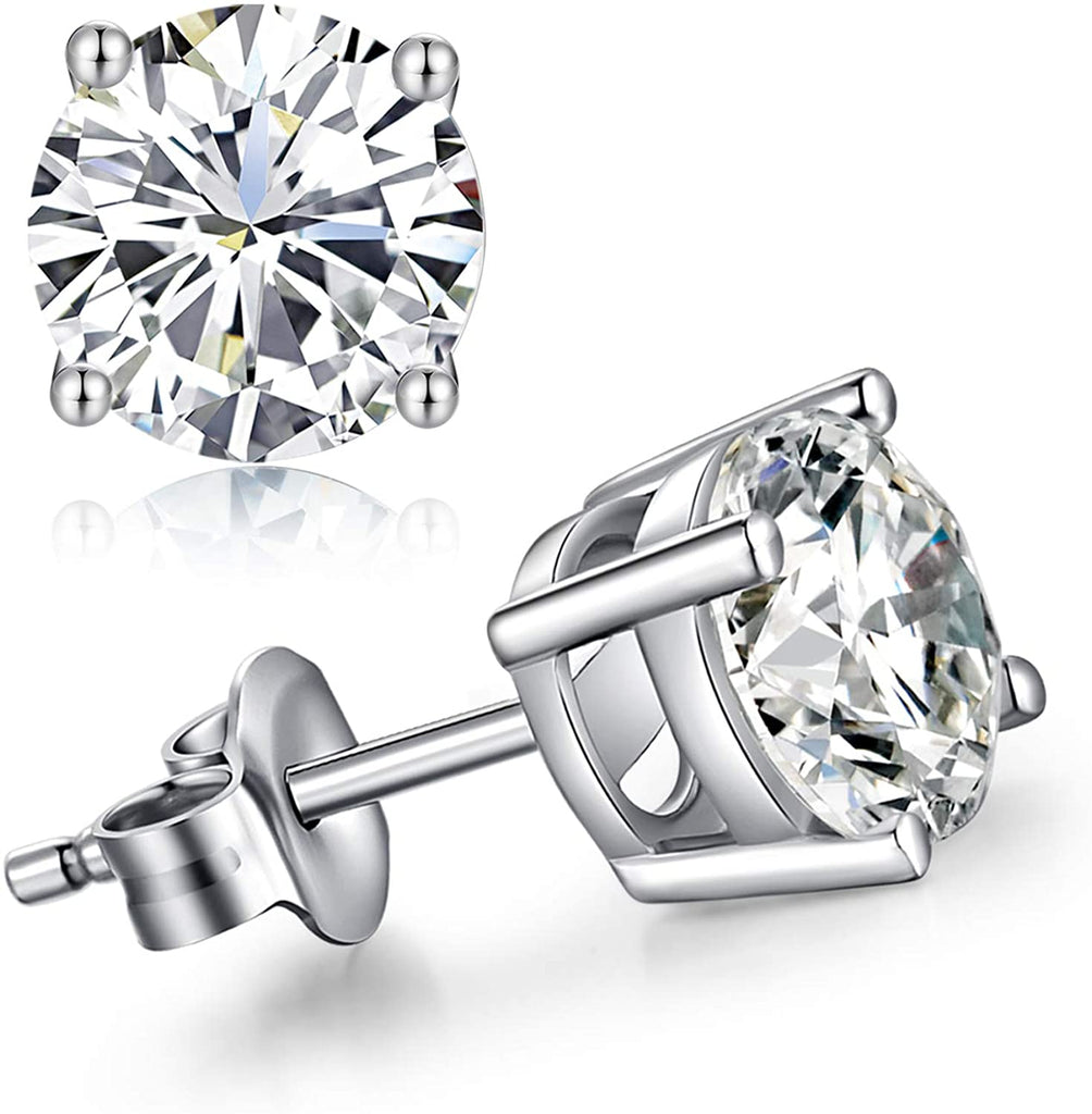 14k White Gold Over Silver 8mm Round Cut Created White Diamond CZ Stud Earrings Gold Plated