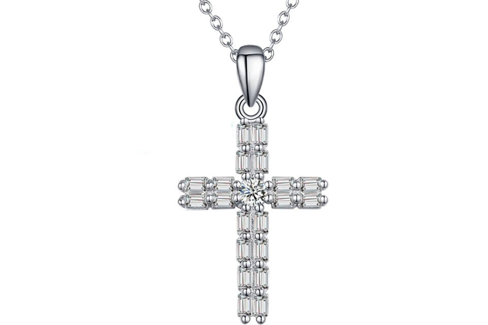 18K White Gold Cross Created White Sapphire Round Cut 1CT CZ Necklace 18 inch Plated
