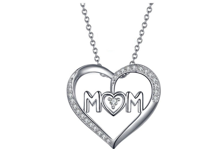 18K White Gold Mom Heart Created White Sapphire Round Cut 1CT CZ Necklace 18 inch Plated