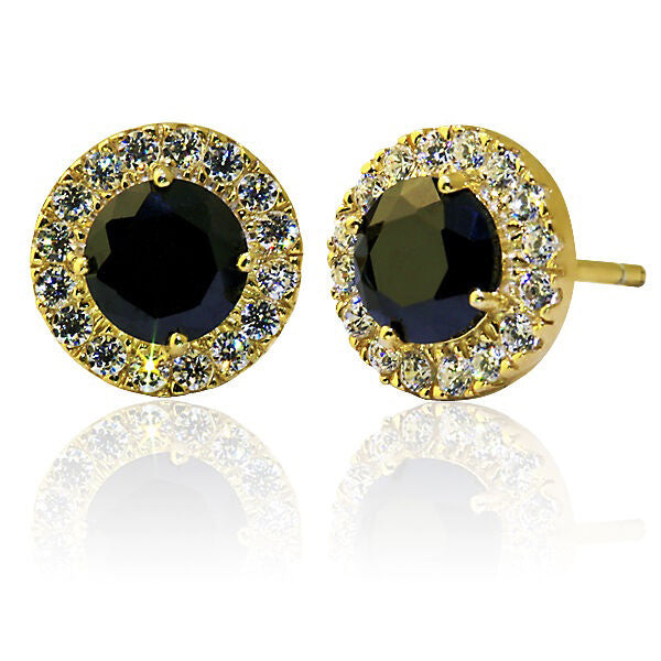 18K Yellow Gold Plated Halo Created Black Sapphire CZ Round 3CT Stud Earrings
