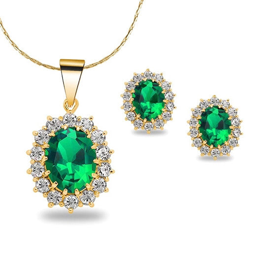 18K Yellow Gold Created Emerald Sapphire Round 8CT CZ Oval Necklace 18 inch Plated