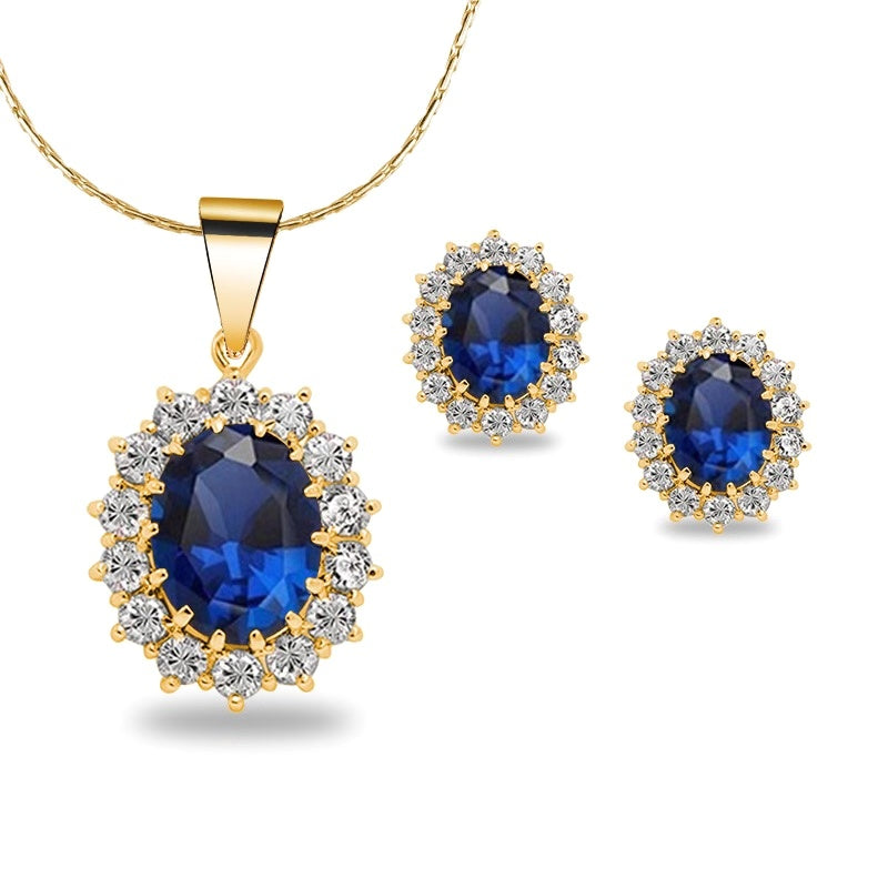18K Yellow Gold Created Blue Sapphire Round 1/2 Carat Oval Necklace Plated 18 inch
